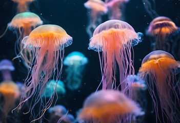 Fototapeta premium glowing jellifishies in the deep sea