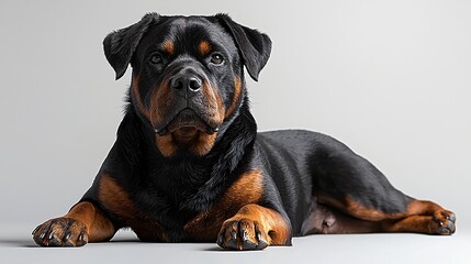 Fototapeta premium Majestic Rottweiler Dog Lying Down Studio Shot Canine Portrait Powerful Breed