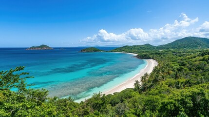 Panoramic tropical island view with vibrant turquoise sea, white sands, and green palm trees under a clear, sunny sky