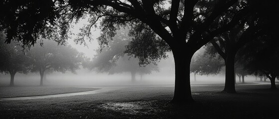 Obraz premium A misty morning with tall trees and a winding path in a black and white landscape.