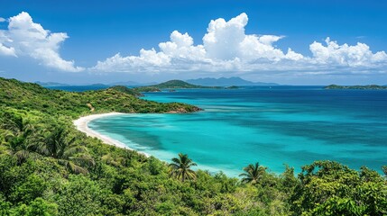 Panoramic tropical island view with vibrant turquoise sea, white sands, and green palm trees under a clear, sunny sky