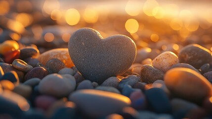 Fototapeta premium Close-up of a heart-shaped pebble balanced on other stones on a beach.