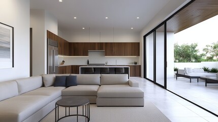 Fototapeta premium Virtual tours are transforming real estate experiences. Modern living room with open kitchen and large windows for natural light.