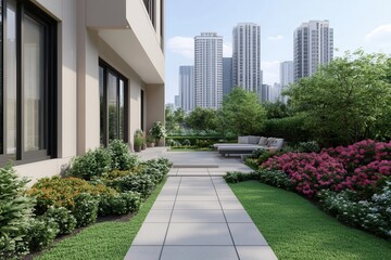 Obraz premium Virtual tours are transforming real estate experiences. Modern garden pathway with buildings in the background.