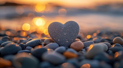 Fototapeta premium Close-up of a heart-shaped pebble balanced on other stones on a beach.