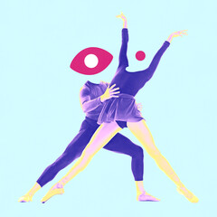 Modern artwork. Two ballet dancers performing elegant pose with heads replaced by abstract eye and dot symbolizing precision and harmony. Concept of abstract representation of teamwork. Ad