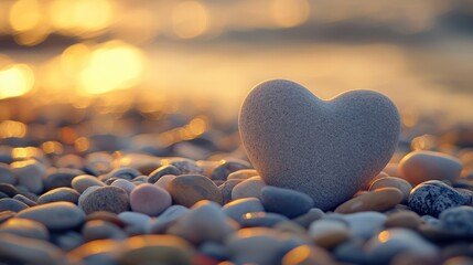 Fototapeta premium Close-up of a heart-shaped pebble balanced on other stones on a beach.