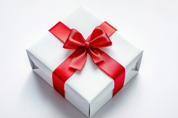 A pristine white gift box with a red ribbon bow, isolated on a clean white background, showcasing elegant simplicity.