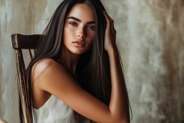 Woman seated, hand in hair, brown neutral backdrop.