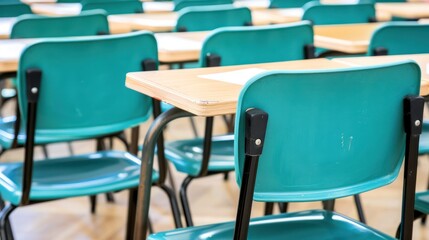 Fototapeta premium Classroom Setup: Rows of Teal Chairs and Wooden Desks Ready for Students