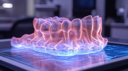 A 3D model of a human jawbone glowing on a tablet screen in a dental office.