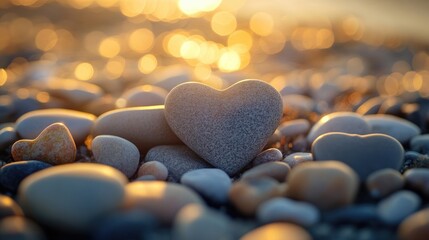Fototapeta premium Close-up of a heart-shaped pebble balanced on other stones on a beach.