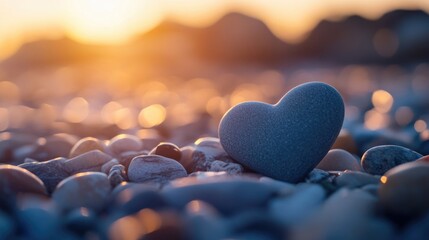 Fototapeta premium Close-up of a heart-shaped pebble balanced on other stones on a beach.
