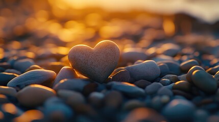 Fototapeta premium Close-up of a heart-shaped pebble balanced on other stones on a beach.