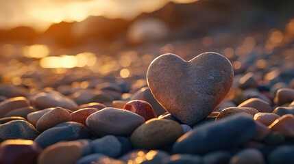 Fototapeta premium Close-up of a heart-shaped pebble balanced on other stones on a beach.