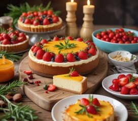 Fruchttafel mit Cheesecakespie? und Rosmaranadeln, kiwi, edible flowers, dessert