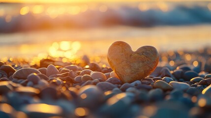 Fototapeta premium Close-up of a heart-shaped pebble balanced on other stones on a beach.