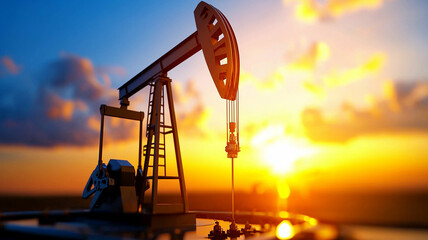 Naklejka premium Oil pump jack silhouetted against a vibrant sunset sky with rich orange and purple hues