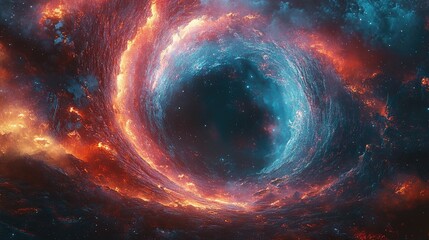 Fototapeta premium A swirling vortex of fire and ice, with a dark center, surrounded by stars in the vastness of space.