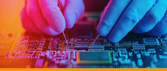 A technician's hands meticulously work on a circuit board, showcasing intricate electronic components and colorful lighting effects.