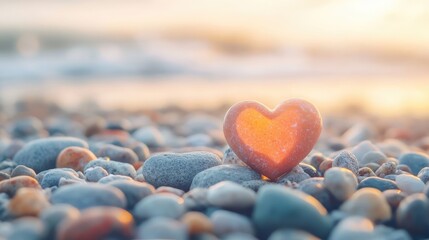 Fototapeta premium Close-up of a heart-shaped pebble balanced on other stones on a beach.