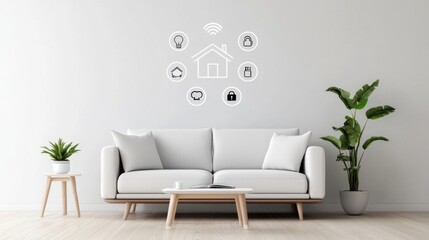 Cozy and modern minimalist living room interior design with comfortable sofa potted plants and futuristic holographic smart home technology icons displayed on the wall