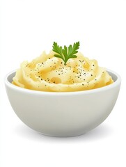 White bowl with hot mashed potatoes. Autumn dish cooked for thanksgiving, health fresh vegetable food. Vector realistic 3d isolated illustration.