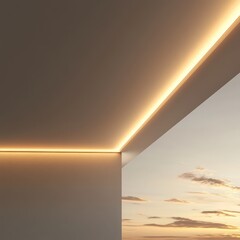 Warm LED cove lighting installed in a modern ceiling, showcasing a sunset view.
