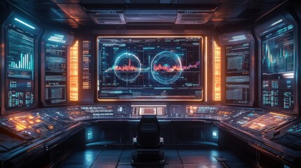 Obraz premium Futuristic Financial Control Room 2025 Holographic Stock Market Data