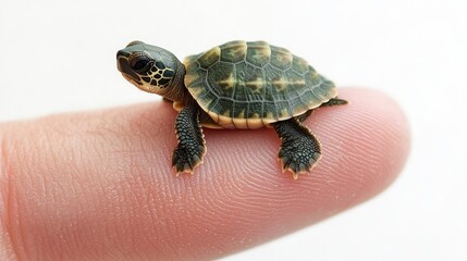 Naklejka premium A tiny turtle perched on a human finger, showcasing its delicate features and surroundings
