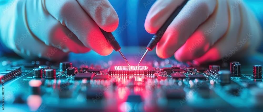 Poster Close-up of a technician's hands working on a circuit board, using probes to test components, illuminated by vibrant red and blue lights.