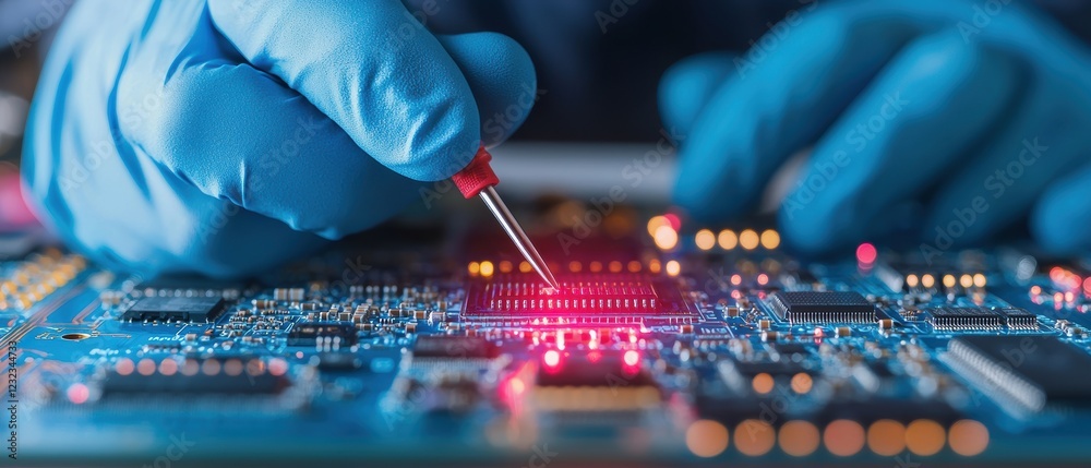 Poster a technician in blue gloves is inspecting a circuit board with a laser tool, highlighting intricate 