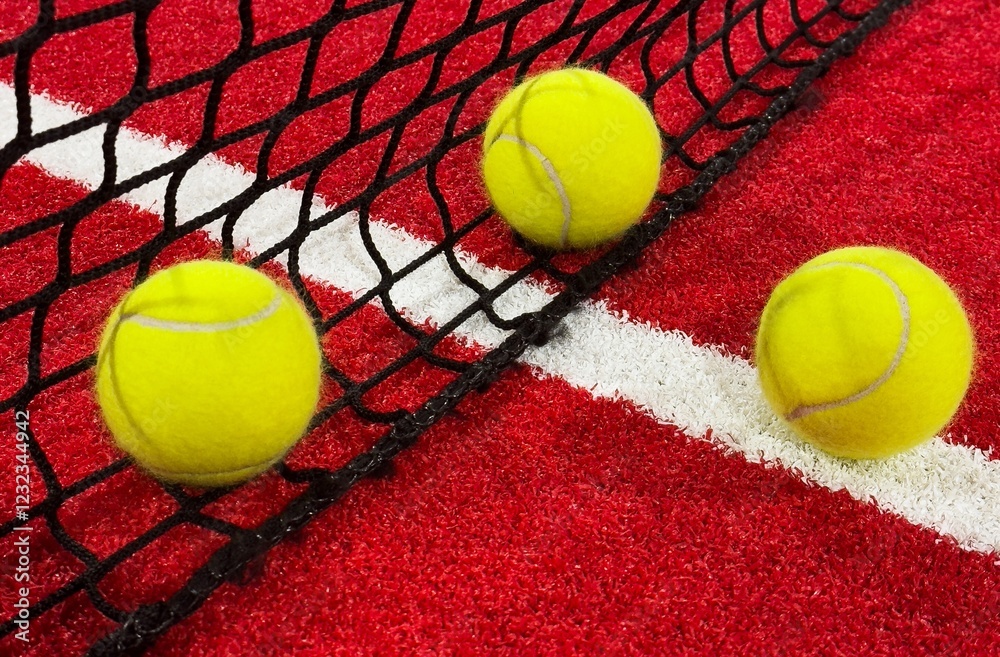 Poster  paddle tennis balls near the lines of a red paddle tennis court, racket sports concept