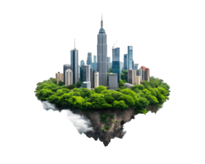 Floating City Island with Urban Skyscrapers and Green Spaces, Innovative Architecture, Urban Future