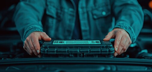 Battery replacement maintenance concept. A person holds a battery and toolbox transparent container above a car's engine, suggesting a focus on automotive maintenance or inspection.