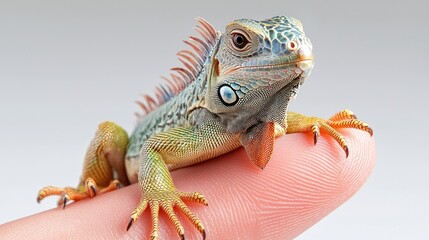 Obraz premium Colorful iguana perched on a human finger against a neutral background, showcasing its vibrant scales