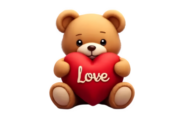 A teddy bear holding a heart shaped pillow isolated on white background