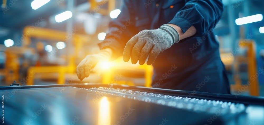 Aufkleber battery replacement maintenance concept. a worker in gloves performs precision tasks on a metal surf