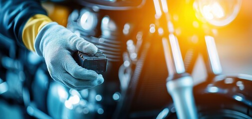 Battery replacement maintenance concept. A close-up of a gloved hand adjusting controls on a motorcycle, highlighting the craftsmanship and details of the bike in an illuminated setting.