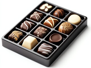 a chocolate box with assorted pralines, sweet love concept, highdetail render, rich brown tones, isolated on white background