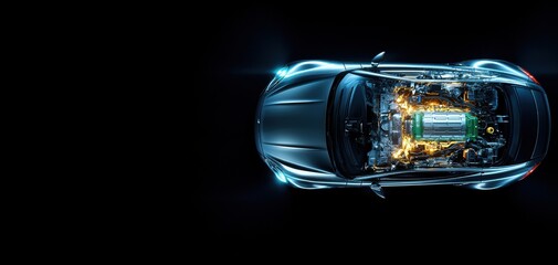 Battery replacement maintenance concept. A futuristic car design showcases its sleek exterior and illuminated internal components, emphasizing advanced technology and innovation.