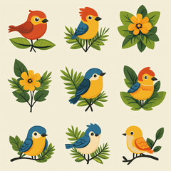 Naklejka premium Vintage-style birds perched on plants and flowers.