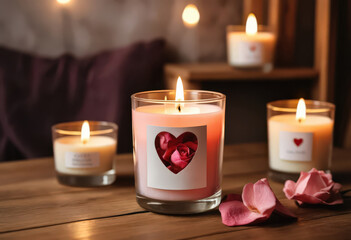 Romantic candles with pink roses in heart-shaped labels on wooden table.