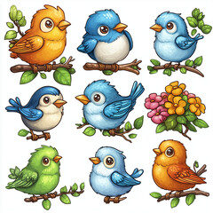 Fototapeta premium Colorful cartoon birds perched on branches with flowers.