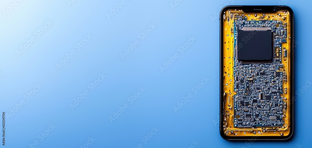 Poster a close-up view of a smartphone's internal circuit board, showcasing intricate electronic components