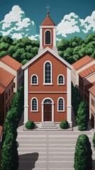 Naklejka premium Charming Red Brick Church Surrounded by Lush Greenery and Vibrant Blue Sky