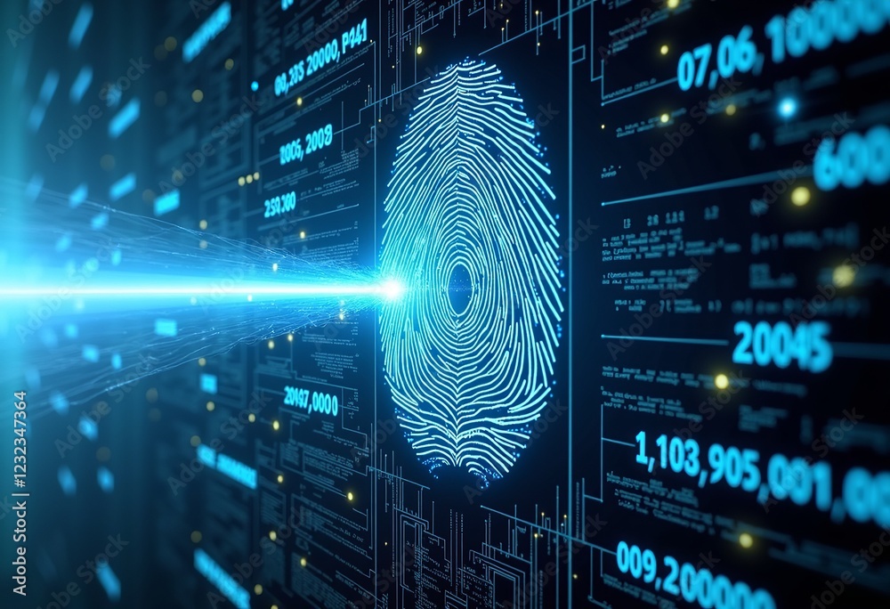Poster cyber data stream visualization of biosecurity, fingerprint data flow, digital security concept, abs