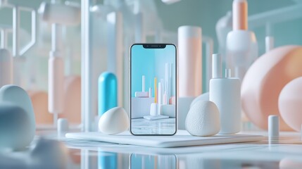 Smartphone Displaying Abstract 3D Scene in Pastel Colors