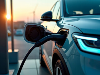 Eco power, modern electric car getting electricity from renewable energy sources, car charging process close-up