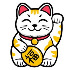 Cute smiling Japanese lucky cat (Maneki-neko) holding gold coin with fortune symbol. Vector illustration